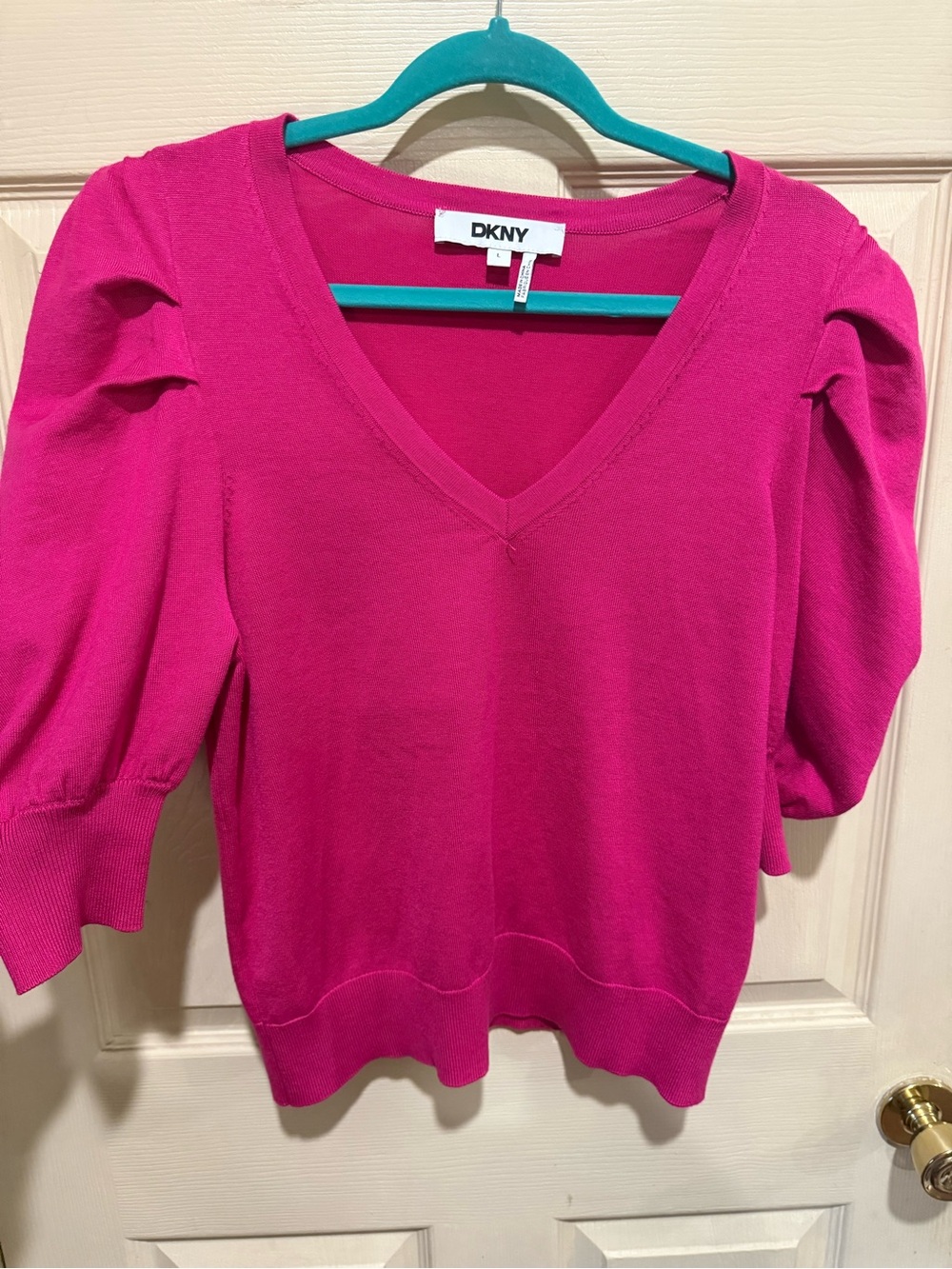 DKNY Bright Fuchsia V-Neck Puff Sleeve Sweater